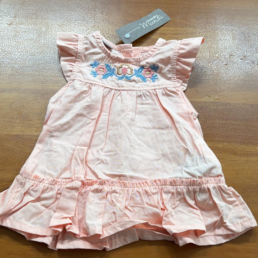Mint Kids Light Pink Ruffle Dress with Floral Embroidery